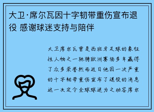 大卫·席尔瓦因十字韧带重伤宣布退役 感谢球迷支持与陪伴